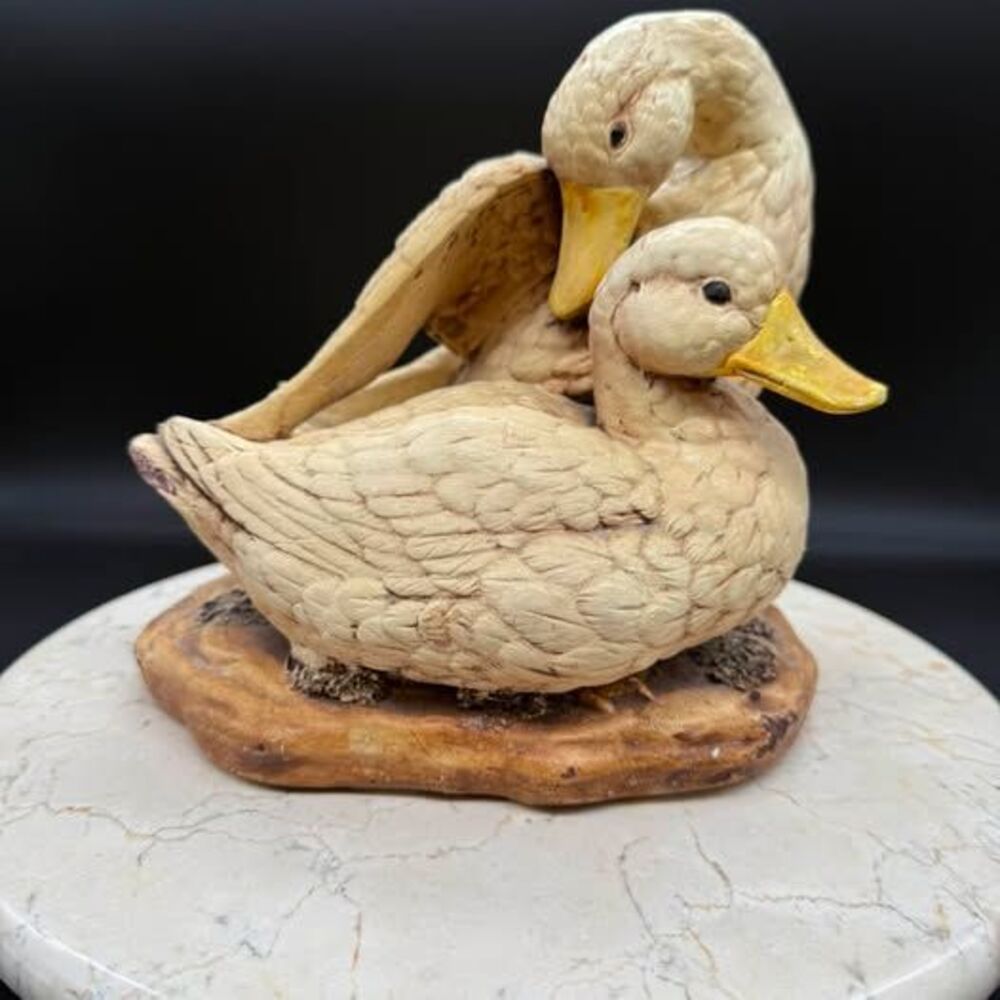 Vintage Silvano Duck Pair Figurine Preening Ducks Ceramic Sculpture Signed 7”